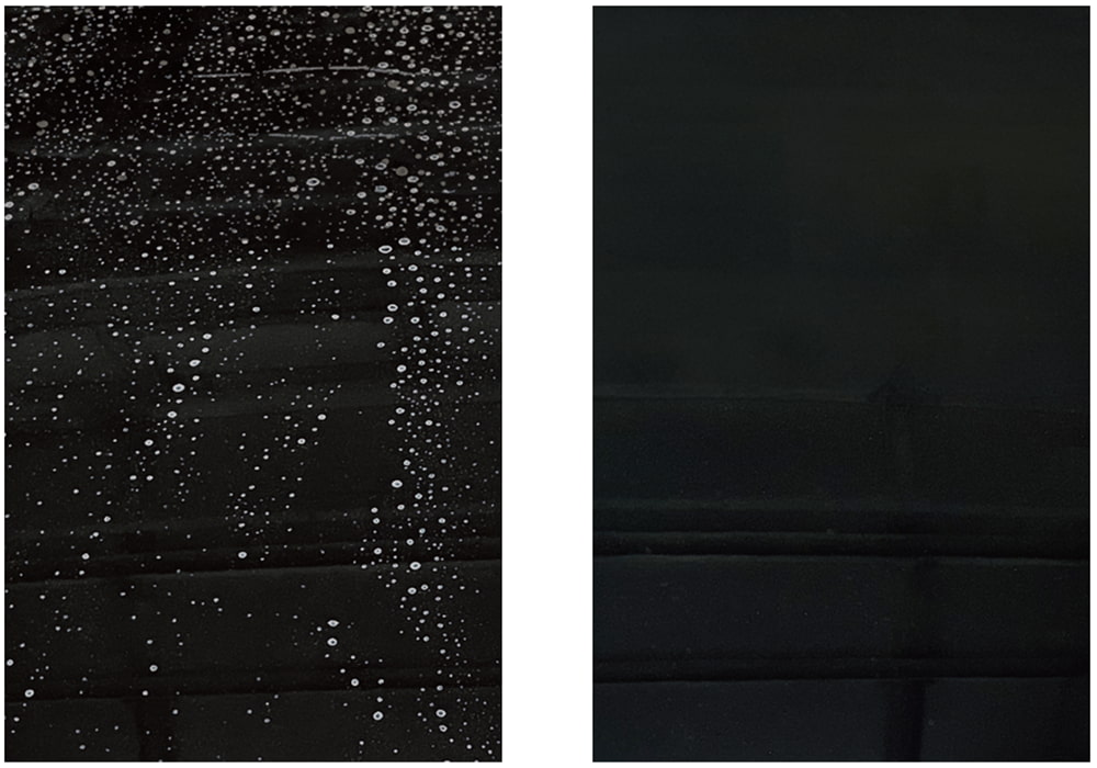 Example of natural drying without wiping after applying tap water (left) and pure water (right) to a car hood.