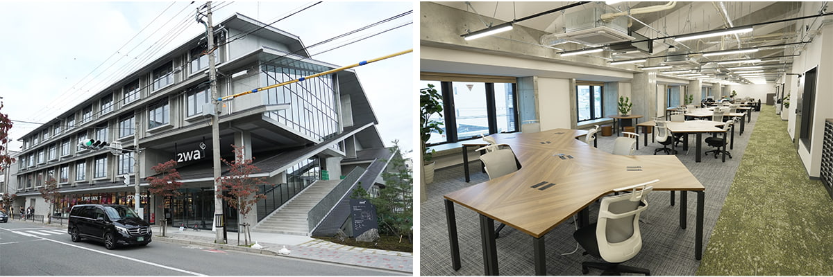 京都Labは4階に入居（左）、執務エリアはフリーアドレスを採用（右）